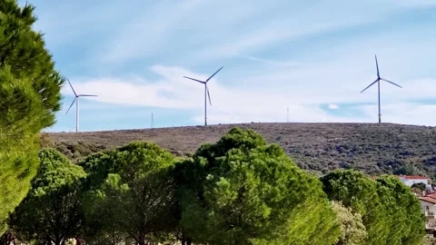 Three windmills on background of sky and beautiful trees, concept of ecology and Stock Footage 252772567