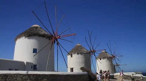 Three windmills in Mykonos Stock Footage 39252588