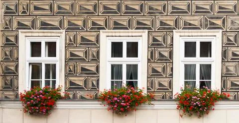 Three windows with flowers Stock Photos