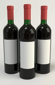 Three wine bottles with blank label 3D render on white background Stock Illustration