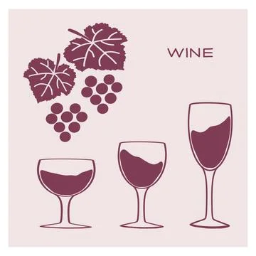 Three wine glasses displayed with grape leaves and clusters on a pastel Illustrazione stock