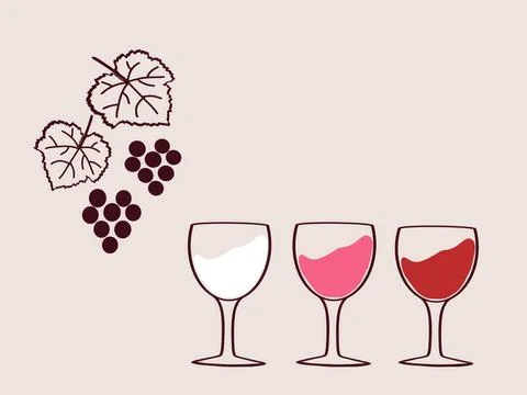 Three wine glasses displaying different types of wine alongside grapes and vine Stock Illustration