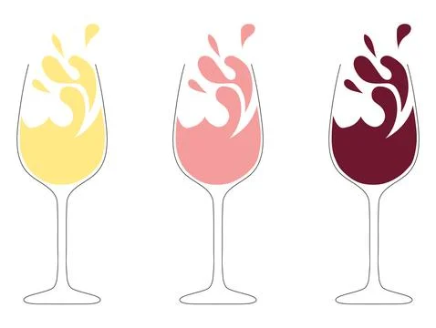 Three wine glasses with red white and rose wine splashes vector flat design Stock Illustration