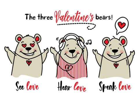 Three wise bears for valentines day / See, hear and speak love greeting card Stock Illustration