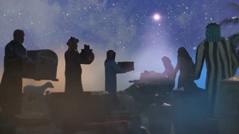 Three wise kings, 3 men bringing gifts to Jesus. Nativity scene  render 3d Stock-Footage 225164101