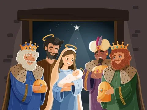 Three wise men adoring baby Jesus in Nativity scene Stock Illustration