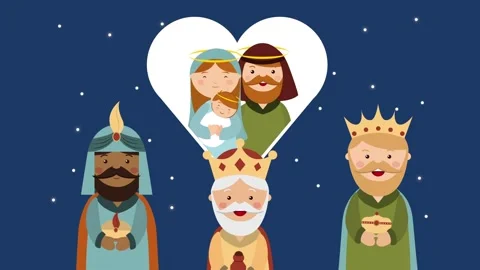Three wise men and holy family animation with stars and heart shape on blue.. Stock Footage 334161106