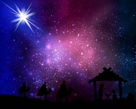 Three wise men and Jesus against the background stars and the cosmos Stock Illustration
