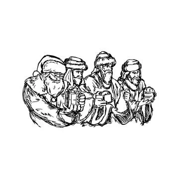 Three wise men and santa claus vector illustration sketch hand drawn with bla Stock Illustration