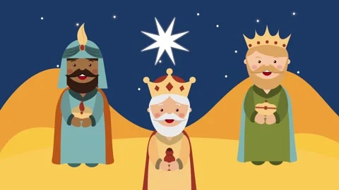 Three wise men animation moving in desert night under bethlehem star for ep.. Stock Footage 334161065