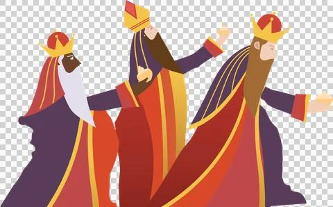 Three wise men are presenting golden vessels in vector illustration with Stock Illustration