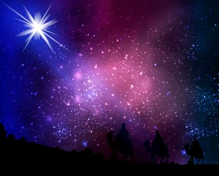 Three wise men on the background of cosmic sky and stars Stock Illustration