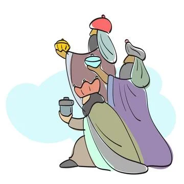Three wise men bringing gifts to baby Jesus on Christmas hand drawn Stock Illustration