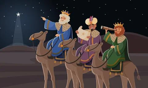 Three wise men with camels following the star of Bethlehem Stock Illustration
