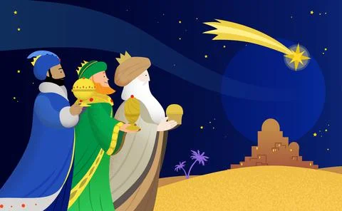 Three Wise Men heading to Bethlehem with presents Illustrazione stock