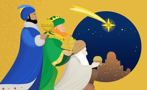Three Wise Men, or Magi, or Three Kings, presenting gifts Stock Illustration