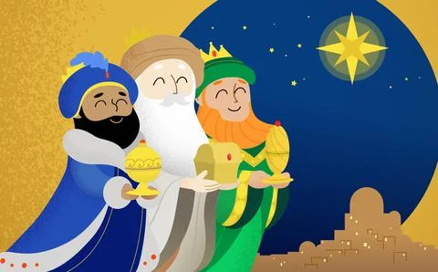 Three Wise Men or Magi smiling and offering gifts Stock Illustration