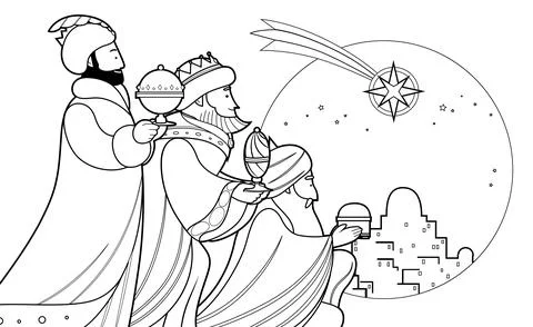 Three Wise Men presenting gifts cartoon outline vector for coloring book page Illustrazione stock