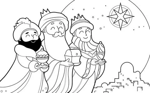 Three Wise Men with presents cartoon for coloring book page Illustrazione stock