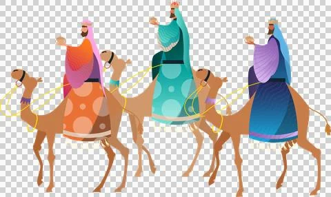 Three wise men riding camels in vector art, wearing robes holding gifts, Stock Illustration
