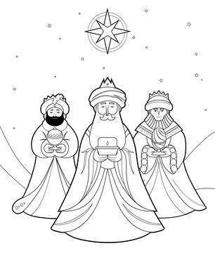 The Three Wise Men under the star of Bethlehem for coloring book page Stock Illustration