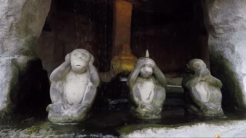 Three Wise Monkeys and Golden Buddha Statues, Wat Sa Ket, Bangkok, Thailand Video stock 278326542