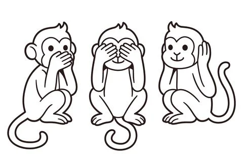 Three wise monkeys line drawing Illustrazione stock