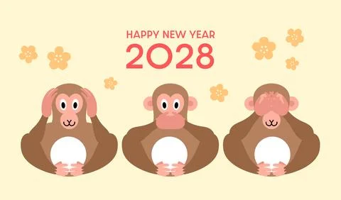 Three wise monkeys for New Year 2028 card template Ilustração Stock