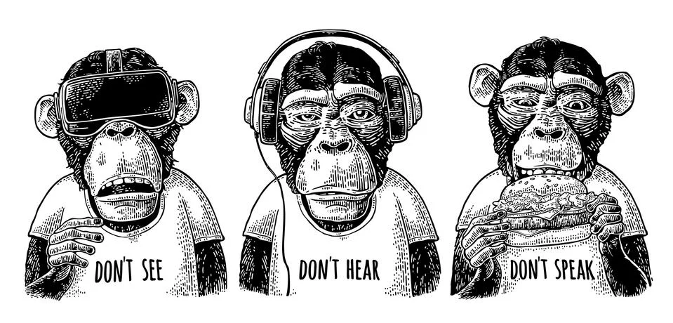 Three wise monkeys. Not see, not hear, not speak. Vintage engraving Illustration