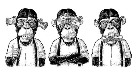Three wise monkeys. Not see, not hear, not speak. Vintage engraving Stockillustratie