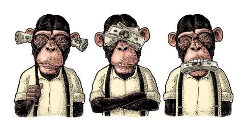 Three wise monkeys. Not see, not hear, not speak. Vintage engraving Stock Illustration