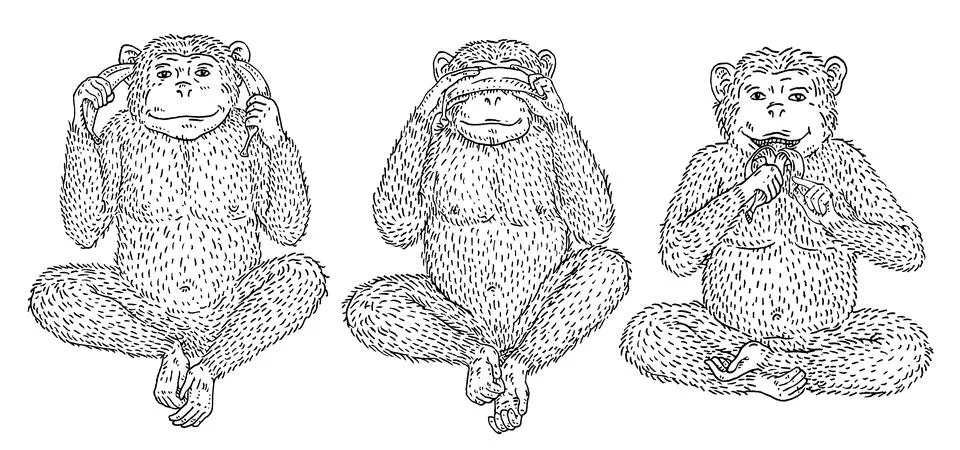 Three wise monkeys. Not see, not hear, not speak. Vintage engraving Illustration