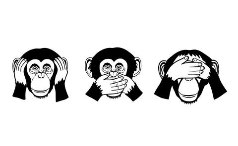 Three Wise Monkeys, Three Mystic Apes chimp isolated on white. See hear say Illustrazione stock