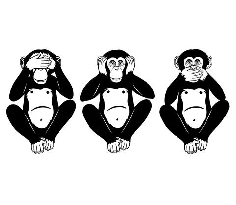 Three Wise Monkeys, Three Mystic Apes chimp sitting isolated on white. See hear Stock Illustration