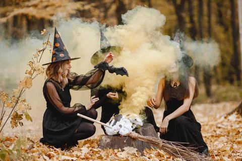 Three witches in forest on Halloween make magic potion Stock Photos