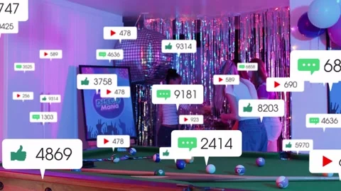 Three women celebrating behind pool table, one tapping drum and multiplying Stock Footage 333704738
