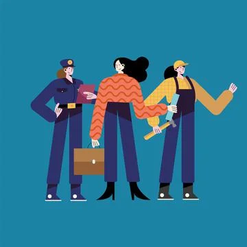 Three women different professions characters Stock Illustration