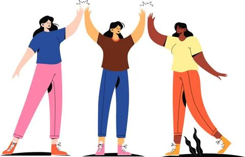 Three Women Doing High Five Group Achievement Mutual Support Illustrazione stock