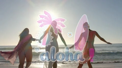 Three women holding hands running into surf, prompted by sunset, with aloha Video stock 333193341