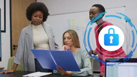 Three women opening blue folder, reviewing while digital lock growing on right Stockbeeldmateriaal 333485904