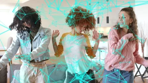 Three women responding to offframe beat dancing syncing varying while technology Stock Footage 333632121