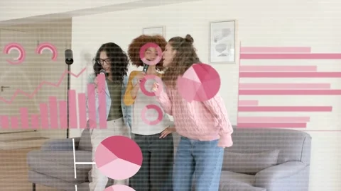 Three women singing into mics, creating music data with pink charts overlaying Stock Footage 333803081