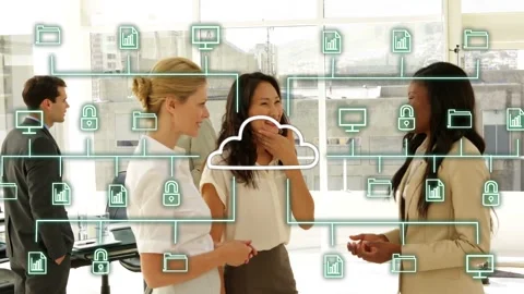 Three women talking, cloud icon appearing over center woman starting animated Stock Footage 333999364