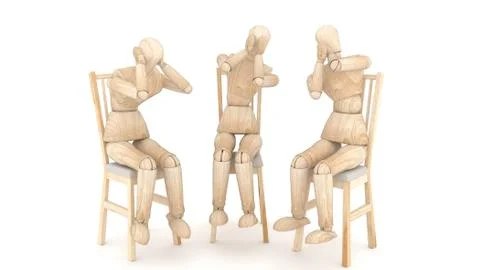 Three wooden puppets. 3D rendering Illustrazione stock
