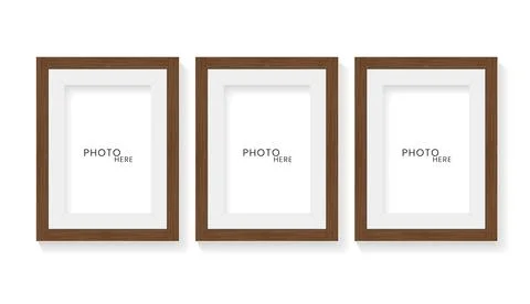 Three Wooden rectangle picture frames on isolated white surface wall vector.. Stock Illustration
