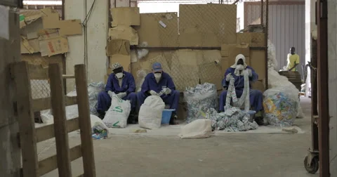 Three Workers Are Packing Detergent Plastic Bags (4K) Stock Footage 60937613