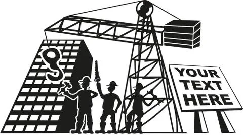 Three workers at a construction site with tools in hand Stock Illustration