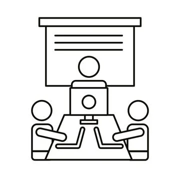 Three workers with laptops and desktop coworking line style icon Stock Illustration