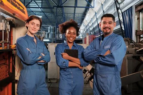 Three workers in a line-up and arms crossed together after work in a factory. Stock Photos