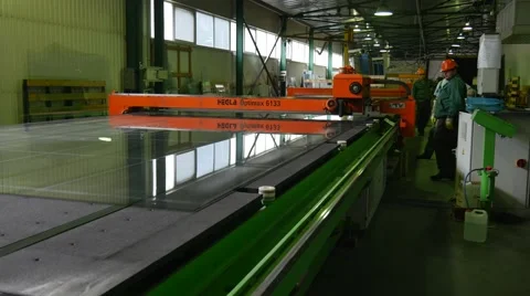 Three Workers in Orange Safety Helmets, Cutting Robot, Zoom In, Large Glass Stock Footage 52874143